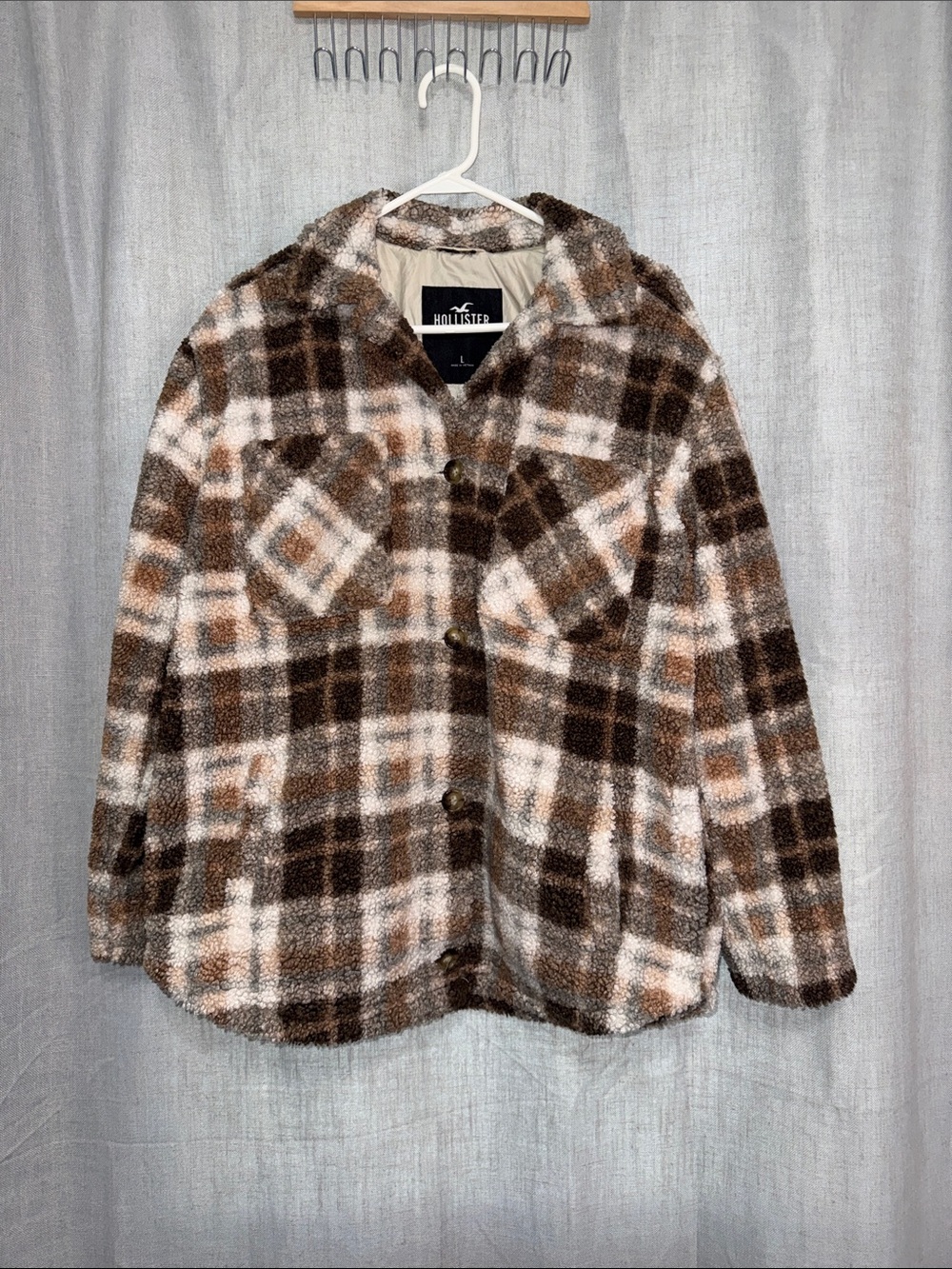 Hollister Women's Brown Plaid Sherpa Fleece Shirt Jacket Shacket Large Cozy